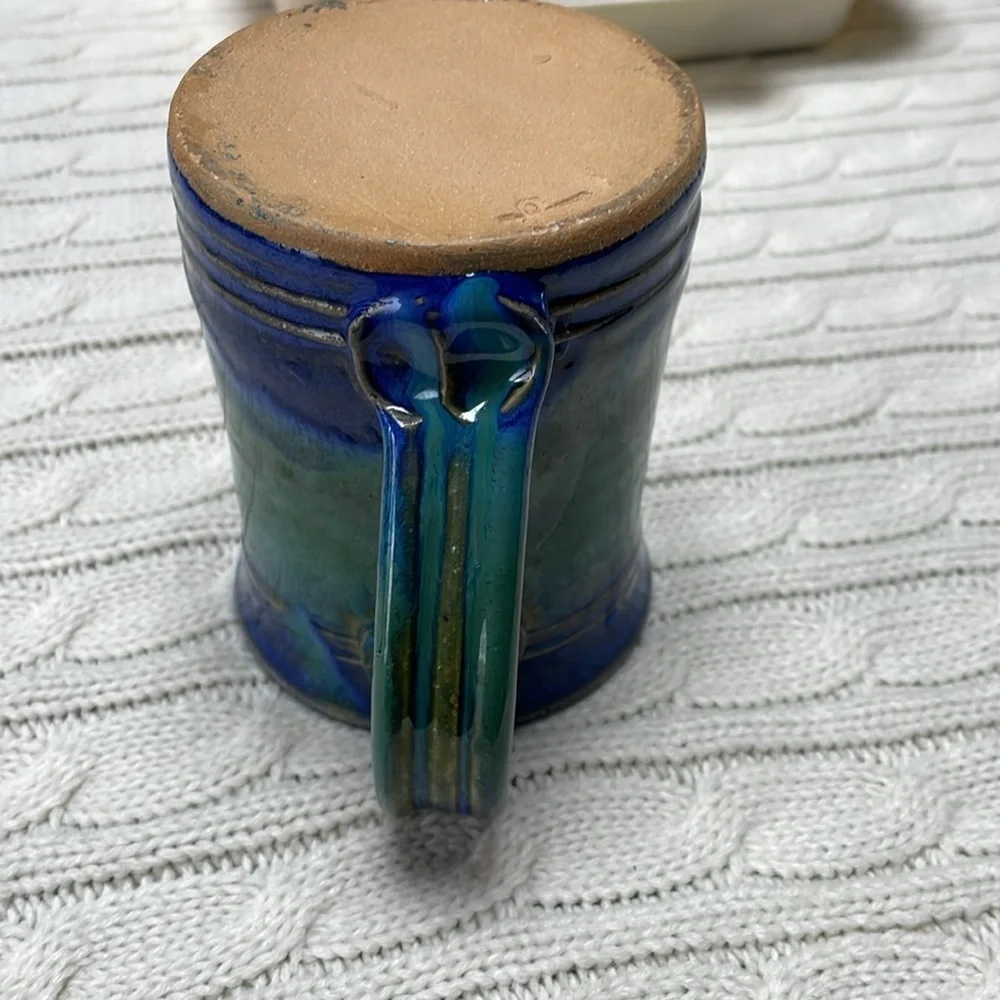 Artisan pottery coffee mug Beautiful cobalt blues/greens. See pics measurements